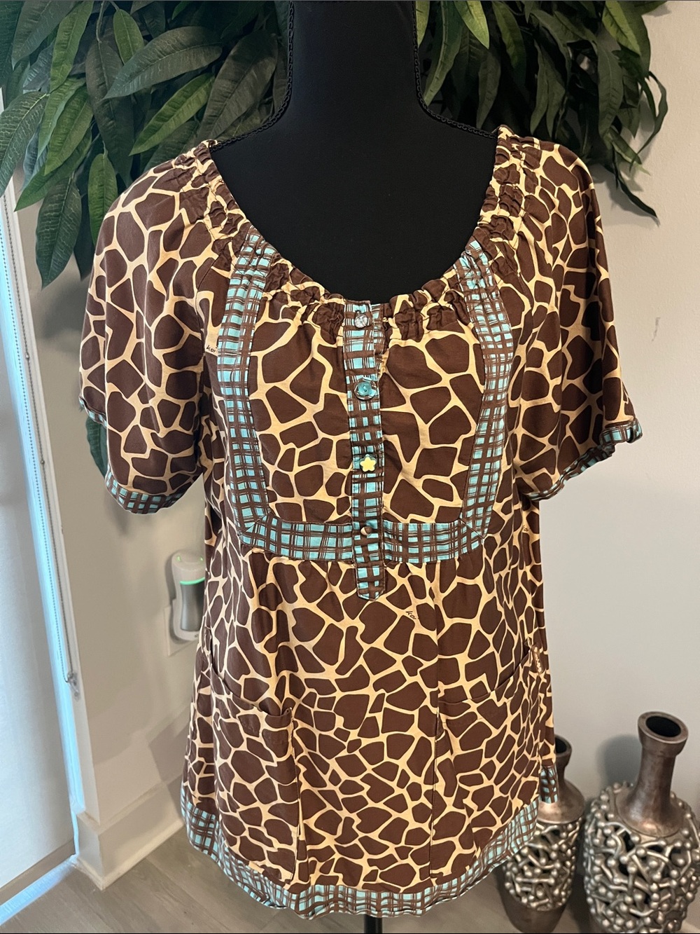 Koi Brown Giraffe-Print Scrub Top with Aqua Plaid Trim